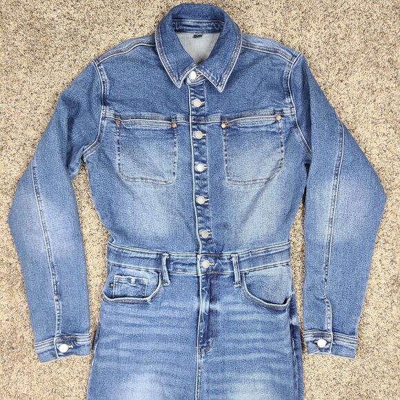 Judy Blue Women's Denim Utility Jumpsuit L Dark Denim Long Sleeve Coveralls - Picture 2 of 16